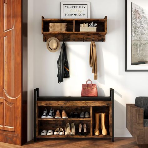 Entry way ideas Say goodbye to messy shoes everywhere. This shelves will help organize your entry way 
#housedecor #houseorganization Rustic Shoe Rack Ideas, Shoe Cubby Entryway, Wall Tree Entryway, Shoe Rack Bench Entryway, Entryway Bench With Shoe Storage, Bench Shoe Storage, Coat Rack Shoe Bench, Tiny Trinkets, Hall Tree With Bench