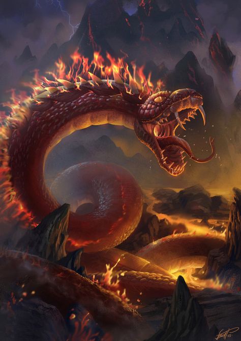 Fire snake by feintbellt.deviantart.com on @DeviantArt Fire Snake Art, Fire Serpent, Snake Totem, Snake Monster, Fantasy Creatures Mythology, Fire Snake, Zodiac Chinese, Fire Giants, Copper Plates