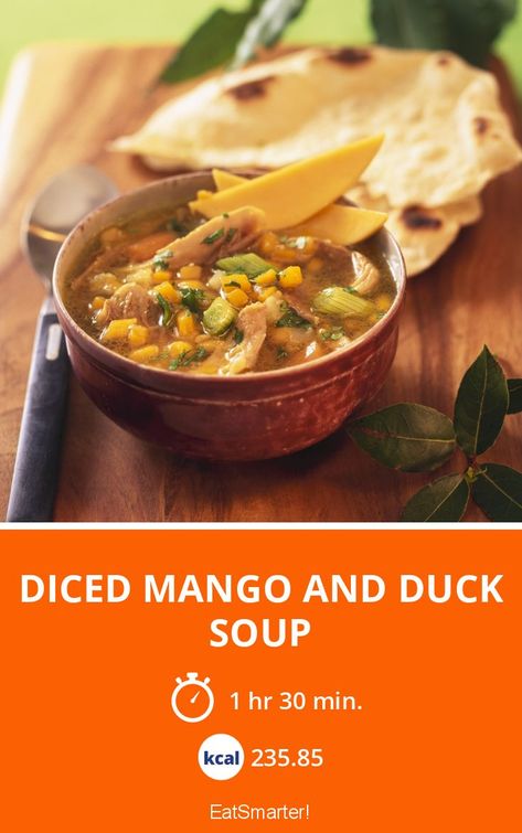 Diced Mango and Duck Soup - few calories - simple dish - A recipe idea by EAT SMARTER | Asian, Cooking on vacation, Poultry, soup, Indian, Tropical Fruit #duck #recipes Soup Indian, Duck Soup, Healthy Delicious Recipes, Celery Root, Duck Fat, Salad Spinner, Duck Recipes, Eat Smart, Food Shows