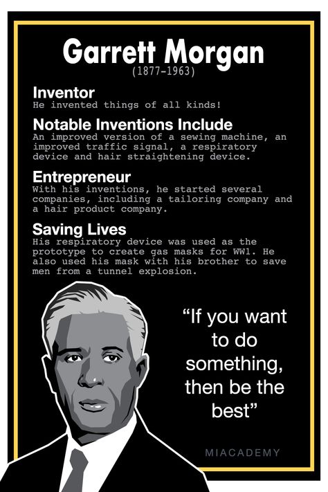 From Inventor to Entrepreneur, Garrett Morgan led an interesting life that had a positive impact on America in many ways. You can use this graphic to discuss his life with your kids! Garrett Morgan, Traffic Signal, Teaching Videos, Progress Report, Eighth Grade, Fact Sheet, Study History, Fun For Kids, Interactive Learning