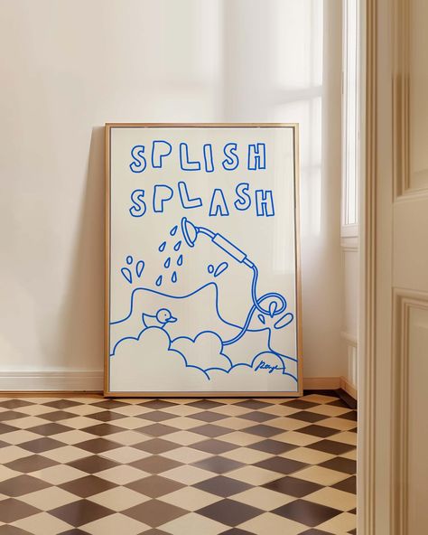 Bring a splash of fun to your bathroom with the Splish Splash print. This cute bathroom poster, with its hand drawn sketch and trendy blue print, adds a playful touch to your space. Perfect as a funny print for the WC, it doubles as minimalist wall art, making your bathroom both stylish and cheerful. Ideal for adding a little charm to your daily routine! ALL POSTERS ARE: * Designed and printed by a local artist * Printed on matte gallery-quality paper (180g) * Made to order * Sold UNFRAMED FAST Easy Paintings For Bathroom, Bathroom Prints Ideas, Posters For The Bathroom, Cute Signs For Bathroom, Posters For Bathroom Wall Decor, Bathroom Poster Ideas, Animal Bathroom Art, Above Toilet Art, Bathroom Graphic Design