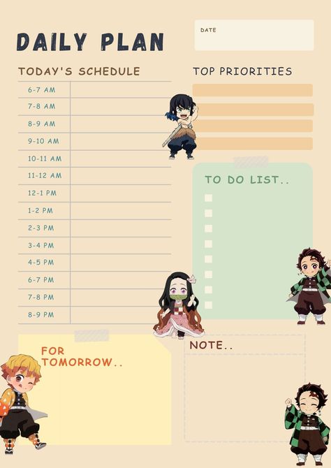 Hi slayers! want to be productive with this team? Execute your day with a plan! Timetable Ideas Daily Schedules, Anime Daily Planner, Billionaire Thoughts, Anime Planner, Organizer Printables, Study Planner Printable Free, Study Well, Aesthetic Planner, To Do List Notebook