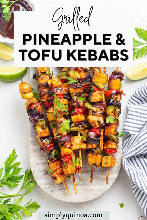 These barbecue grilled pineapple and tofu kebabs are made with fresh veggies, extra-firm tofu, and homemade vegan barbecue sauce for an easy summer cookout dinner. these fruity pineapple kebabs are a long-time favorite. They're perfectly charred with a delicious, sweet, and savory flavor. Plus, they couldn't be easier to make. Pineapple Tofu, Vegan Cookout, Tofu Kebab, Vegan Barbecue, Vegetarian Bbq, Easy Healthy Dinner Recipes, Vegan Summer Recipes, Vegan Grilling, Dinner Recipes Easy