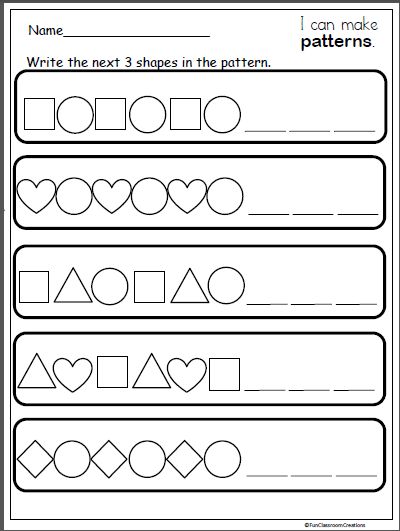 Free patterns math worksheet for preschool and kindergarten. Students finish the patterns in each row. I would then have the students color the pattern as… Kindergarten Patterning, Preschool Pattern Worksheets, Patterns Math, Pattern Worksheets For Kindergarten, Patterning Kindergarten, Preschool Patterns, Shapes Worksheet Kindergarten, Math Patterns, Pattern Worksheet