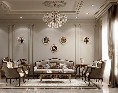 New Classic Villa Interior Design, Neoclassical Interior Design Living Room, Classic Salon Furniture, Neo Classic Interior Design Luxury, Neoclassical Interior Living Rooms, Classic Reception Interior, New Classic Salon, Salon New Classic, New Classical Interior