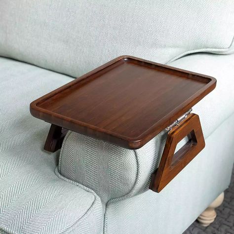 This Clip-On Sofa Arm Tray Creates an Instant Side Table on Your Couch Couch Tray, Couch Arm Table, Meja Sofa, Arm Rest Table, Sofa Arm Table, Wooden Couch, Bamboo Sofa, Tv Tray Table, Suport Tv