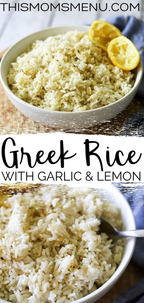 Mediterranean Jasmine Rice, Garlic Herb Rice Recipe, Lemon Garlic Rice, Greek Rice Recipe, Mediterranean Rice Recipe, Rice With Lemon, Greek Side Dishes, Mediterranean Rice, Greek Rice