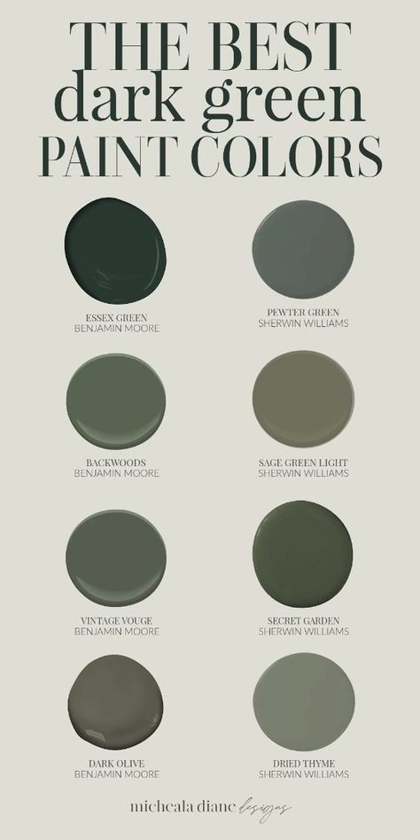 Discover the best dark green paint colors for 2024! From the deep moody green paint colors of Sherwin Williams and Benjamin Moore, we've curated the ultimate guide to transform any room. Whether you're dreaming of dark green accent walls, or envisioning sophisticated dark green kitchen cabinets, these shades are perfect for every space. Ready to be inspired? Let's bring these gorgeous green shades to life! Moody Green Paint Colors, Best Dark Green Paint Colors, Best Dark Green Paint, Dark Green Kitchen Cabinets, Moody Green Paint, Sherwin Williams Paint Colors Green, Dark Green Paint Colors, Benjamin Moore Green, Dark Green Rooms