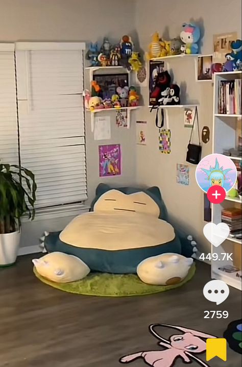 Cartoon Room Ideas, Snorlax Room Decor, Plushies In Room, Totoro Furniture, Anime Apartment Decor, Cute Things To Have In Your Room, Pokemon Room Aesthetic, Room With Plushies, Small Facial Room