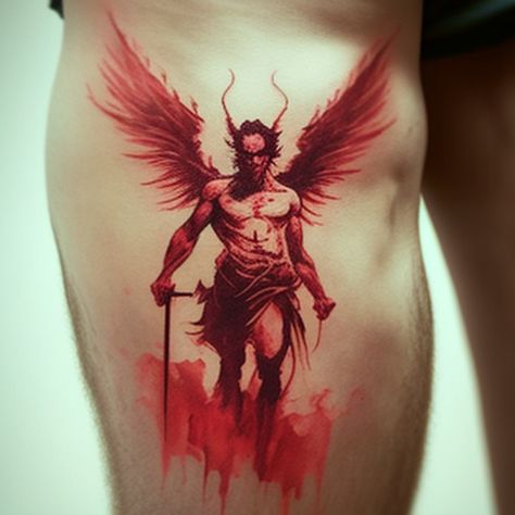 watercolor LUCIFER tattoo 03 Lucifer Tattoo Ideas, Lucifer The Fallen Angel, Lucifer Tattoo, Tattoo 2022, Different Styles Of Tattoos, Dark And Mysterious, The Fallen Angel, Leg Tattoo, Subtle Tattoos