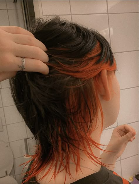 Mullet Hairstyle Women Dyed, Mullet With Dyed Ends, Mullet Hairstyle Color, Orange Tipped Hair, Orange Hair Black Highlights, Mullet Bleached Underneath, Bleached Tips Short Hair, Orange Mullet Hair, Mullet Dyed Underneath