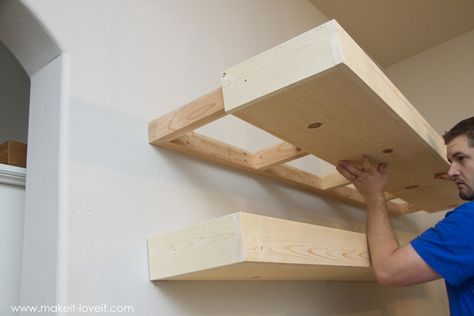 How to Build SIMPLE FLOATING SHELVES (...for any room in the house!) | via Make It and Love It How To Build A Closet In A Room Simple, Build Wall Shelves, 48 Inch Floating Shelf, 60” Floating Shelves, Diy Chunky Floating Shelves, Thick Floating Shelf, Floating Shelf Dimensions, How To Make A Floating Shelf Diy, Wall Length Floating Shelves