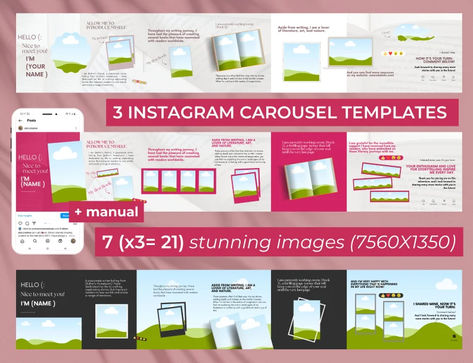 Ever found yourself staring at a blank social media post, pondering how to showcase your masterpiece? Stress no more! Presenting the Carousel Post for you to Introduce Yourself on Instagram with Stunning Design and Continuity effect, meticulously crafted for creators like yourself. Here's What Awaits: Discover a World of Possibilities! 📸 3 Instagram Seamless Carousel templates designed to captivate your readers! Featuring 7 stunning images. (7560X1350) Carousel Cover Design, Bookkeeping Templates, Promote Book, Nice To Meet, Post Design, Carousel, Social Media Post, How To Introduce Yourself, Digital Scrapbooking