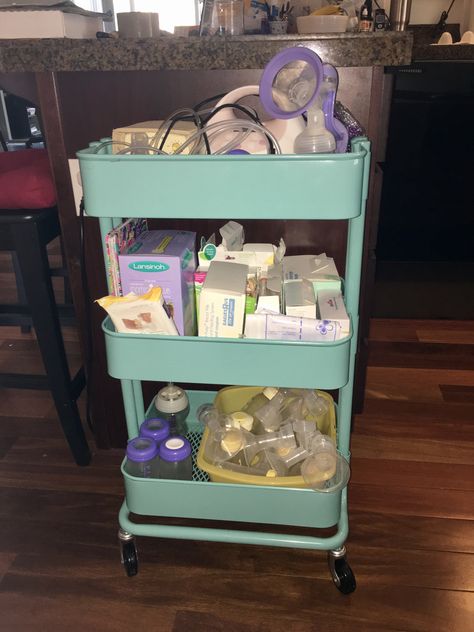 My own breast pump station Instagram.com/breastfeedingbytay Breastfeeding Organization, Breastfeeding Cart, Newborn Winter Outfits, Breastfeeding Station, Lactation Room, Newborn Winter, Pumping Station, Nursing Room