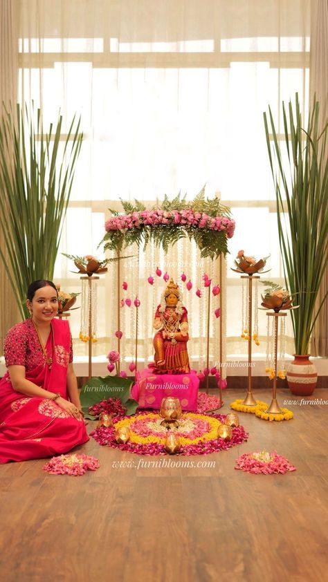 Swati Bora | ✨VARALAKSHMI MANDAPAM ✨ ✨For links send this reels over to my DM or comment down Below ✨ Products are from: @furniblooms Website:… | Instagram Lakshmi Poojan Diwali Decoration Design, Lakshmi Poojan Diwali Decoration, Satya Narayana Pooja Decoration, Lakshmi Decoration At Home, Laxmi Pooja Decoration At Home, Laxmi Puja Decoration At Home, Mandir Decoration Ideas, Decoration For Pooja, Puja Decoration Ideas