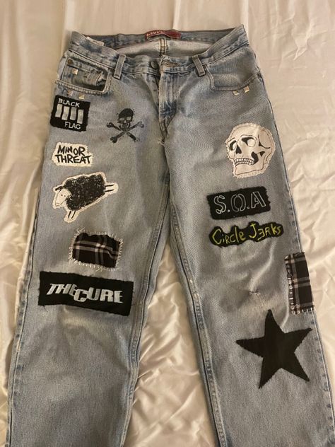 6/28/23 Patches On Pants Ideas, Pants Paint Design, Jean Patches Ideas Punk, Baggy Patch Pants, Grunge Patch Pants, Punk Patchwork Pants, Patches Pants, Pants Upcycle, Diy Punk Clothes