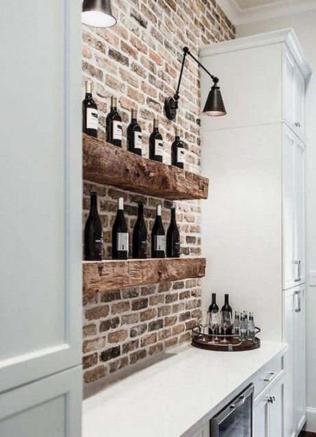 Transformed with brick tiles Chicago Brick Backsplash, Wine Bar Ideas, Built In Wine Bar, Wine Bar Kitchen, Brick Wall Kitchen, Kitchen Feature Wall, Fake Brick, Chicago Brick, Brick Interior