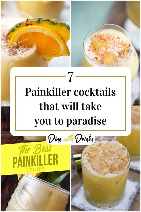 Collage of 4 painkiller cocktails. Pain Killer Drink Recipe, Pain Killer Cocktail, Painkiller Drink Recipe, Painkiller Drink, Painkiller Recipe, Painkiller Cocktail, Tropical Drink Recipes, Caribbean Drinks, Batch Cocktail Recipe