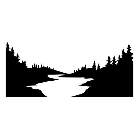 River Clip Art, Nature Silhouette Art, Tree Silloutes, River Silhouette, Hill Silhouette, Valley Drawing, Lake Silhouette, River Drawing, River Logo