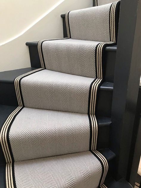 Stairways Ideas, Stairs And Hallway Ideas, Stairway Carpet, Striped Stair Runner, Stair Runner Installation, Stairs Carpet, Black Staircase, Hall Stairs, Carpet Staircase