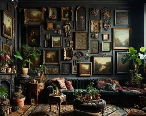 Vintage Dark Living Room, Dark Academia Maximalist Decor, Dark Maximalist Living Room, Eclectic Moody Living Room Ideas, Speakeasy Aesthetic Living Room, Small Moody Living Room Ideas, Eclectic Moody Decor, Dark Green Moody Living Room, Moody Dark Academia Living Room