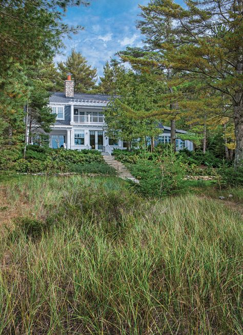 Michigan Lake House, Easter Inspiration Decor, Michigan Cottage, Login Design, Michigan Lake, Three Season Porch, Built In Hutch, Fluted Columns, Harbor Springs