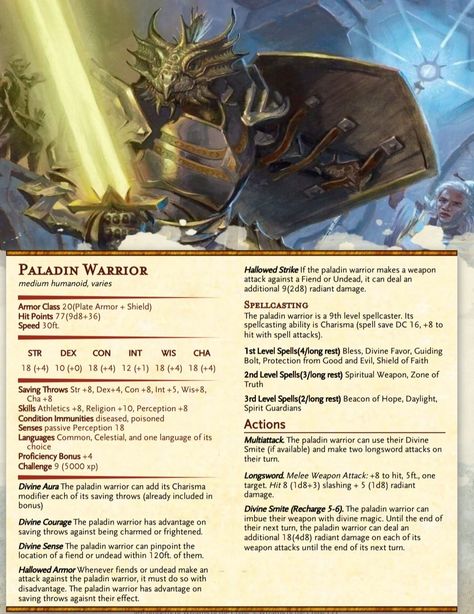 Homebrew Enemies 5e, Paladin Stat Block, Dnd Enemy Stats, Dnd Npc Stats, D&d Inspiration, Dnd Npc Characters, Avernus Dnd, Dnd Army, Dnd Stat Blocks