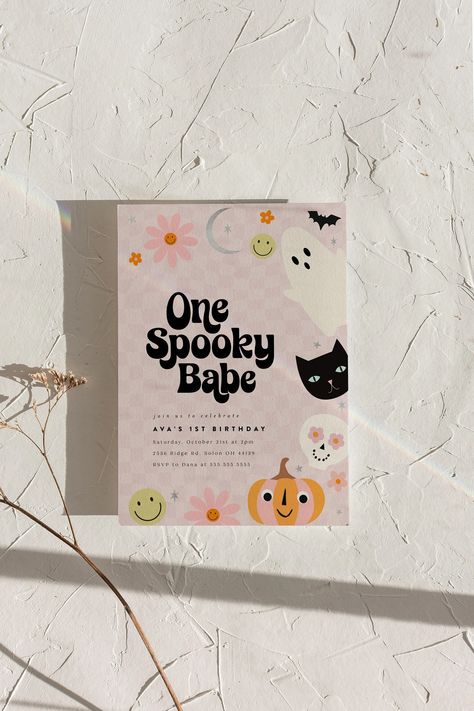 One Spooky Babe Invitation Template, Girl First Halloween Birthday, Halloween Retro Party, Editable Digital Template, INSTANT DOWNLOAD - Etsy One Spooky Babe Birthday, First Halloween Birthday, Spooky One First Birthday, Retro Halloween Party, Halloween 1st Birthdays, Birthday Banner Template, Spooky Babe, Halloween Retro, Favour Tags Template