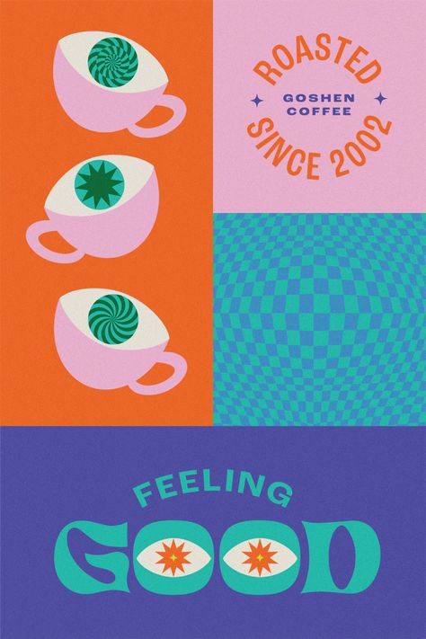 Goshen Coffee – TOKY Hand Drawn Brand Identity, Bright Happy Color Palette, Groovy Coffee Shop, Maximalist Logo Design, Coffee Shop Graphic Design, Coffee Graphic Design, Coffee Moodboard, Gift Shop Logo, Coffee Shop Logo Ideas