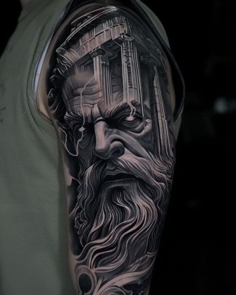 God Tattoo Ideas, Mechanic Logo Design, Greek God Tattoo, Live Tattoo, Zeus Tattoo, God Tattoo, Realism Tattoos, Full Tattoo, Shiva Tattoo Design