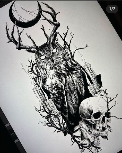 Ethereal Forests in Tattoo Sketches Dark Owl Tattoo Design, Demon Animal Tattoo, Demonic Animal Tattoos, Nocturnal Tattoo Design, Evil Owl Tattoo Design, Chest Design Tattoo Men, Blackwork Cover Up Tattoo Ideas, Norse Animals Tattoo, Creepy Owl Drawing