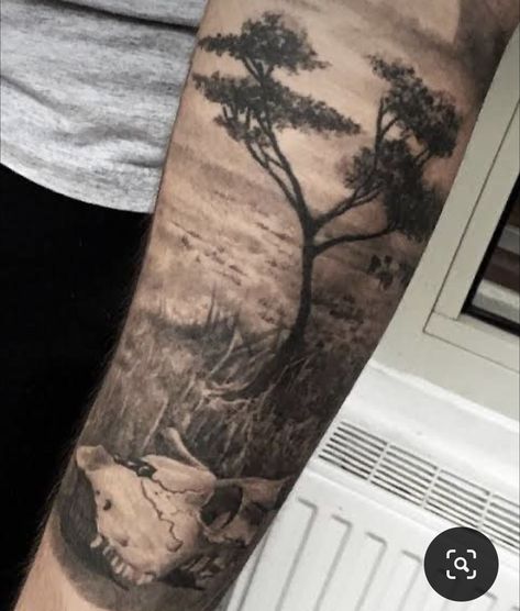 Savannah Tattoo, Savannah Landscape, African Sleeve Tattoo, Jungle Tattoo, Africa Tattoos, Animal Sleeve Tattoo, African Tattoo, Lion Tattoo Sleeves, Realistic Tattoo Sleeve