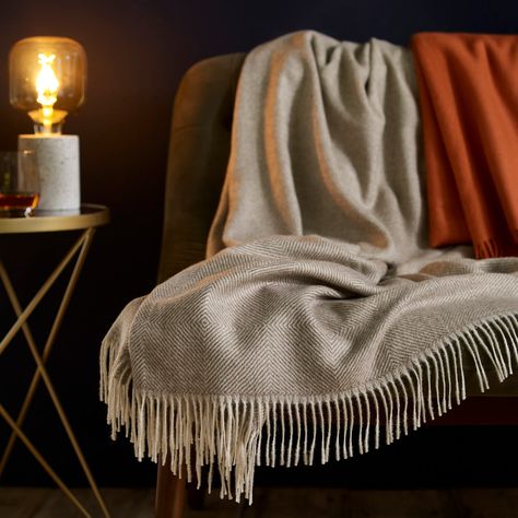 Knitted blanket in neutral colors and shades frill design photo credit : Bronte by Moon #wholesale #blankets #roomdecor Grey Throw, Luxury Throws, Knitted Blankets, Neutral Colors, Throw Blanket, Room Decor, Wool, Color, Design