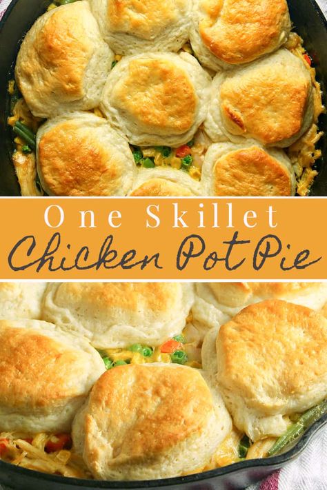 This one pan Skillet Chicken Pot Pie makes your favourite comfort food even easier thanks to one-dish cooking. Simple enough to make on the busiest of weeknights, this take less than 30 minutes start to finish. #comfortfood #easychickenrecipe #potpie Skillet Chicken Pot Pie, Cast Iron Skillet Recipes Dinner, Biscuit Chicken Pot Pie, Dutch Oven Chicken, Easy Skillet Chicken, Homemade Chicken Pot Pie, Chicken Skillet Recipes, Iron Skillet Recipes, Easy Chicken Pot Pie