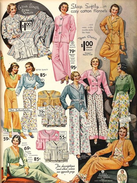 1930s Sleepwear History | Nightgowns, Pajamas, Robes, Slippers 1930s Sleepwear, Thirties Fashion, Night Wear Pajamas, 1930s Fashion Women, Victorian Nightgown, 1930's Fashion, Vintage Pajamas, Shirt Style Tops, Flannel Nightgown