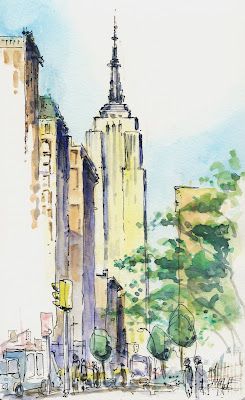 New York Empire State Building, New York Drawing, New York Painting, City Sketch, Building Painting, Watercolor Architecture, City Drawing, Nyc Art, Architecture Drawing Art