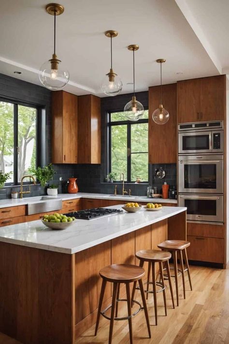 Mid Century Wood Kitchen Cabinets, Subtle Mid Century Modern, Kitchens With Black Accents, Kitchen Eat In, Mid Century Modern Built In Bar, Kitchen Backsplash Ideas Walnut Cabinets, Modern Mcm Kitchen, Eclectic Mid Century Modern Kitchen, Mid Century Countertop