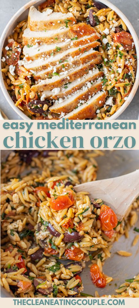 Easy Mediterranean Chicken Orzo salad is an easy and delicious one pan dinner! Made with simple ingredients, packed with flavor and done in under 30 minutes! The perfect Mediterranean salad bowl! Mediterranean Chicken With Orzo, Essen, Greek Lunch Meal Prep, Orzo Chicken Recipes Healthy, Easy Cheap Mediterranean Diet Recipes, Great Healthy Dinner Recipes, Mediterranean Chicken Orzo Recipes, Mediterranean Dinners Recipes, Easy One Pot Chicken Dinner