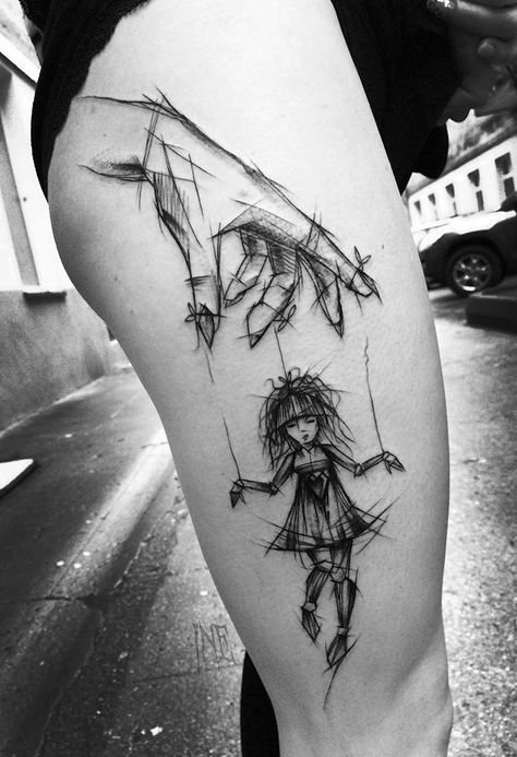 Polish Tattoo Artist Shows The Beauty Of Imperfection With Her Sketch Tattoos (10+ Pics) Marionette Tattoo, Polish Tattoos, Soldier Tattoo, Cage Tattoos, Pink Rose Tattoos, Sketch Style Tattoos, Kunst Tattoos, Cat Tattoos, Geniale Tattoos