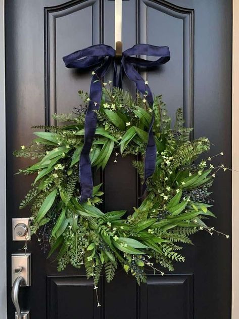 Embracing Floral Elegance 30 Inch Wreath Front Doors, Green Door Wreath, Outdoor Wreaths On House, Christmas Ferns, Wreath On Door, Bay Leaf Wreath, Spring Wreath Ideas, Front Door Garland, Wreaths For Front Door Spring