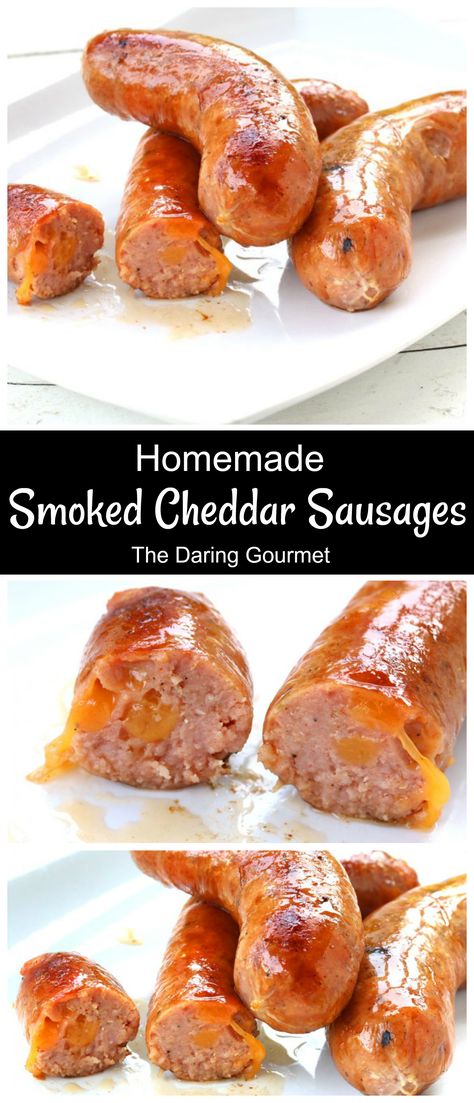 Smoky, zesty and oozing with cheese, these homemade smoked cheddar sausages are absolutely perfect for your next grilling party! Meat Grinder Recipes, Jerkey Recipes, Meat Curing, Sausage Making Recipes, Home Made Sausage, Homemade Sausage Recipes, Sausage Seasoning, Sausage Making, Smoked Meats