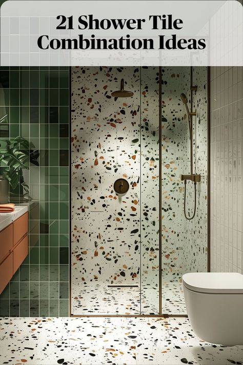 Timeless elegance with the fusion of classic subway tiles and the captivating charm of terrazzo in your shower Small Bathroom Ideas Terrazzo, Small Bathroom Terrazzo Floor, Terrazzo And Subway Bathroom, Bathroom Ideas Tiles Colour, Small Shower Room Tiles Ideas, Unique Bathroom Tile Designs, Terrazzo Shower Room, Terrazzo Hexagon Tiles Bathroom, Bathroom With Terrazzo Tiles