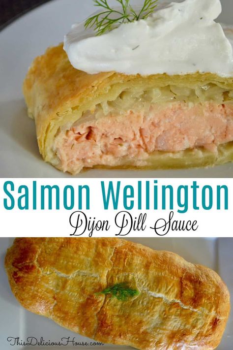 Salmon Wellington with dijon dill sauce. Dijon Dill Sauce, Salmon In Puff Pastry, Salmon Wellington Recipe, Salmon Puffs, Salmon Wellington, Pastry Puff, Halibut Recipes, Fish Ideas, Easter Brunch Food