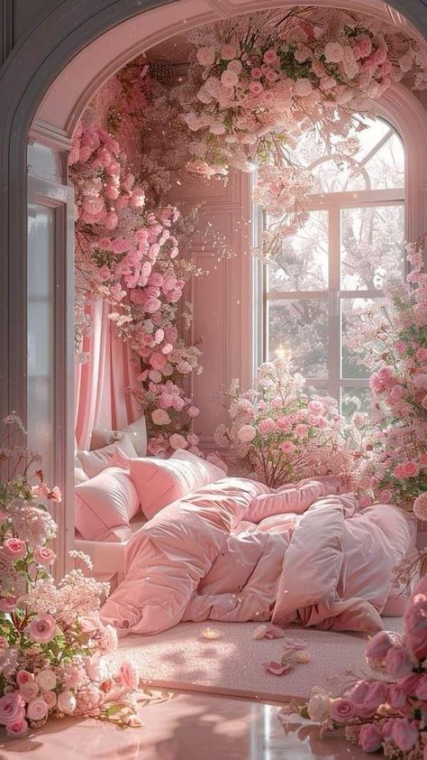 Rose Garden Bedroom, Flower Bedroom Aesthetic, Princess Room Aesthetic, Princess Aesthetic Room, Dream Bedroom Inspiration, Romantic Bedroom Decor, Flower Bedroom, Romantic Bedroom, Cute Bedroom Decor