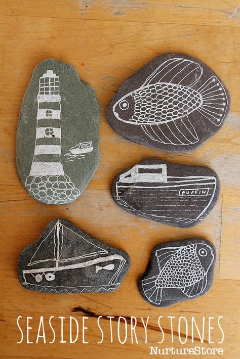 Seaside craft story stones - great for under the sea theme and ocean art projects. Seaside literacy center idea. Seaside Craft, Ocean Art Projects, Craft Hacks, Story Stones, Seaside Art, Under The Sea Theme, Literacy Center, Sea Theme, Sea Art