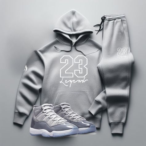 Yo, you looking for the freshest, most comfortable gear that perfectly matches your kicks? Check out our "23 Legend" Grey Sneaker Sweatsuit To Match Air Jordan Retro 11 Cool Grey colorway! So don't wait. Cop now and step up your game with our FIRE! "23 Legend" Men's Grey Sneaker Sweatsuit To Match Air Jordan Retro 11 Cool Grey. With fast shipping, hassle-free returns, and on-point customer service, Threads On Fire is the only choice for real sneakerheads who demand the FIRE! Check out our Sneake Fall Outfits Men Streetwear, Nike Clothes Mens, Grey Tracksuit, Air Jordan Retro 11, Outfits Men Streetwear, Jordan Retro 11, Grey Hoodie Men, Cute Nike Outfits, Jordan Shoes Retro