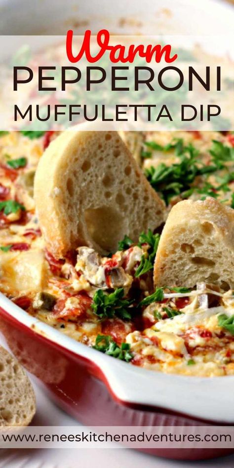 Hot Pepperoni Muffuletta Dip | Cheesy, briny, meaty deliciousness in a dip that tastes just like the iconic New Orleans sandwich. #RKArecipes! Bread Bowl Dip Recipes Appetizer Ideas, New Orleans Appetizers Finger Foods, Muffuletta Dip, Hot Dip Recipes, Sausage Stuffed Mushrooms Easy, New Appetizers, Stuffed Mushrooms Easy, Italian Chicken Sausage, Party Dip