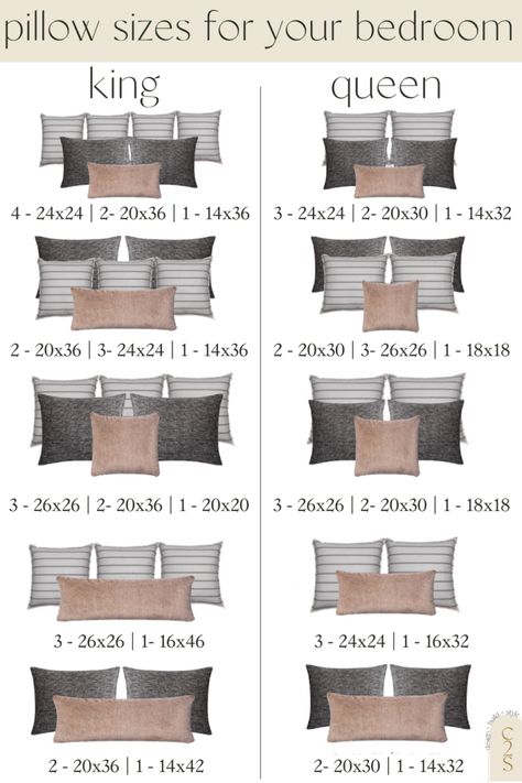 Pillow Sizing Guide 4 Taupe Bed Spread, Top Of Bed Wall Decor, Pillows For King Bed, Art Above Nightstand, How To Layer A Bed Like A Designer, King Bed Pillow Arrangement, Bedroom Pillows Arrangement, Bed Pillow Arrangement, Moody Room