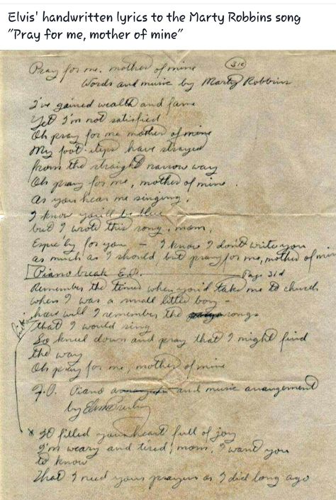 Elvis' handwritten lyrics to the Marty Robbins song "Pray for Me, Mother of Mine" Elvis Presley Quotes, Elvis Quotes, Marty Robbins, Titanic Artifacts, Photo Facts, Song Words, Joseph Jackson, King Of Pop, Inspirational Songs