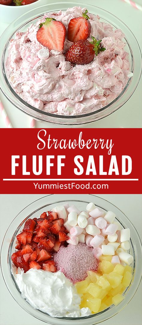 Essen, Strawberry Fluff Salad, Fluff Salad Recipes, Easy Fruit Salad Recipes, Strawberry Fluff, Fluff Salad, Jello Dessert Recipes, Fluff Desserts, Fruit Salad Easy